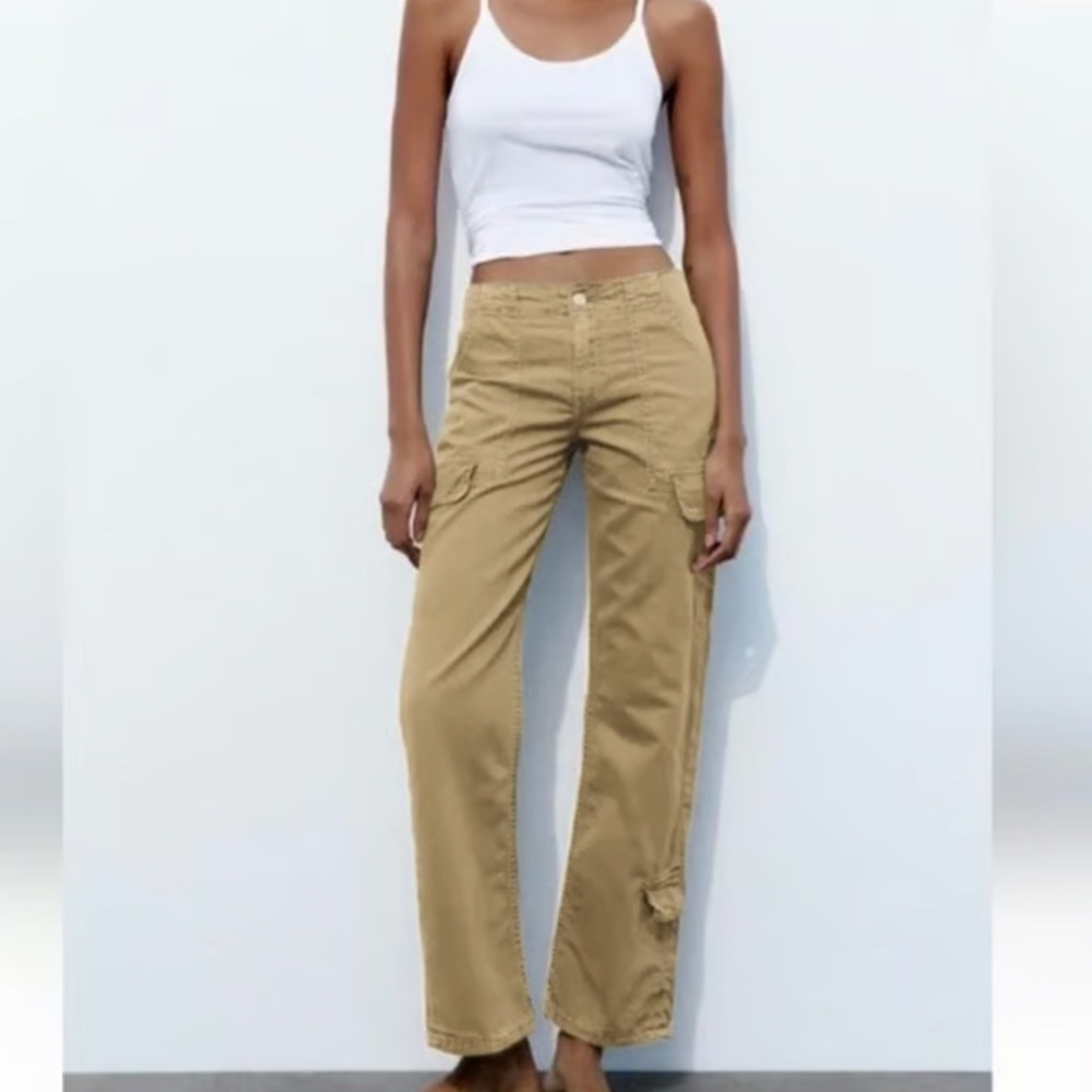 ZARA Mid-Rise Regular Length Adjustable Cargo Pants Size 2 Tan NWT